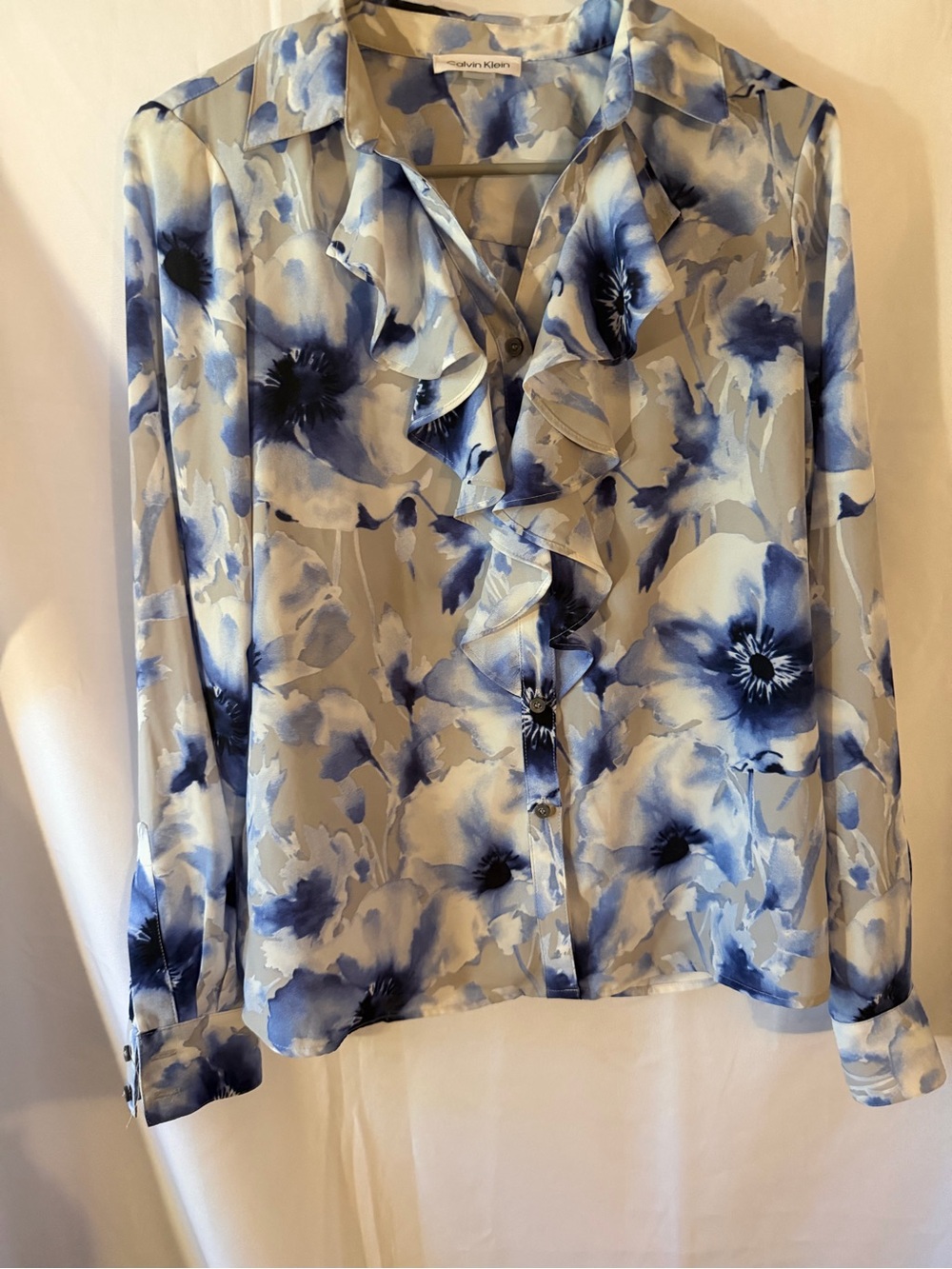 Calvin Klein White and Blue Floral Ruffle Blouse